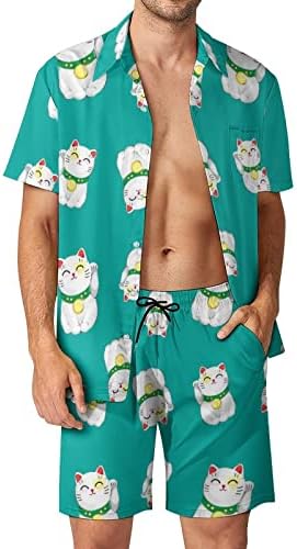תלבושות חוף יפניות של חתול מזל יפני 2 חלקים חוף כפתור הוואי למטה חולצה עם שרוול קצר וחליפות מכנסיים קצרים