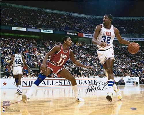 מג'יק ג'ונסון לוס אנג'לס לייקרס עם חתימה 16 x 20 לעומת תצלום איסיה תומאס - תמונות NBA עם חתימה