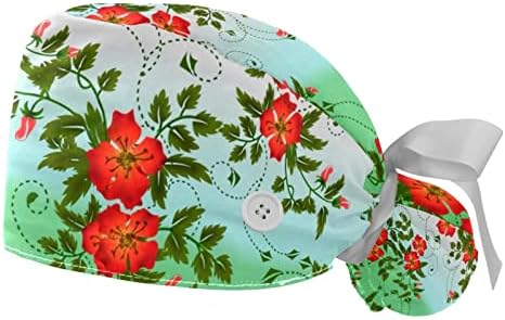 Mersov 2 PCS כובע עבודה עם כפתור לנשים ארוכות שיער מתכוונן תחבושת אלסטית קשירה לאחור כובעים כובעי בופנט פרחים בהירים