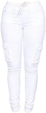 נשים מקרית למתוח שרוך סקיני מכנסיים מטען אצן מכנסיים גבוהה מותן עניבת התחת מעלית מכנסיים עם כיסים