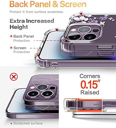 Roseparrot iPhone 14 Pro Case עם מגן מסך + מגן עדשת מצלמה, ברור עם עיצוב דפוסי פרפר, כיסוי מגן דק עם זעזועים, 6.1 2022