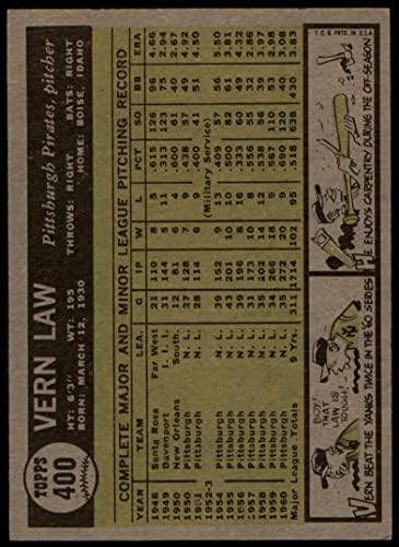 1961 Topps 400 Law Vern Pittsburgh Pirates Ex/MT+ Pirates
