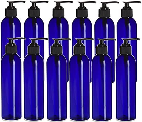 חוות טבעיות 12 חבילות - 8 גרם - בקבוק פלסטיק סחיטה ריק - כחול קוסמו עם משאבה שחורה - לשמנים אתרים, בשמים, מוצרי ניקוי