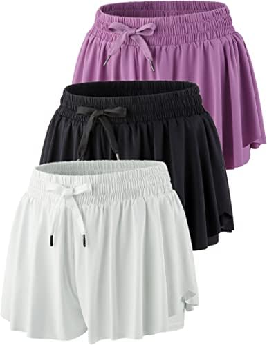 3 חבילות מכנסי ריצה זורמים של נשים, חצאיות פרפר 2 ב -1 עם מכנסיים קצרים מתחת לספנדקס סתלטית ספורטיבית אימון כושר מזדמן