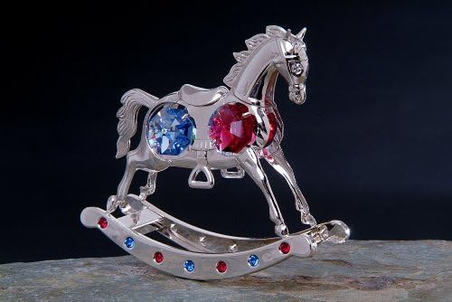 סוס נדנדה מצופה כרום מכסף עם גבישי סברובסקי כחול ואדום פסלון