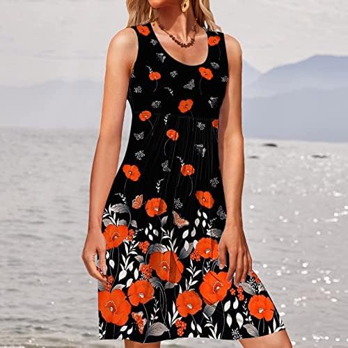 נשים פרחוני הדפסת שמלות קיץ ללא שרוולים סקופ צוואר טנק שמלה מזדמן אופנה קפלים חולצה שמלה לחוף