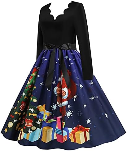שמלת וינטג 'של Tifzhadiao לנשים חג המולד, שמלת שרוול ארוך לנשים שמלות קוקטייל שמלות גרפיות חמודות חמוד