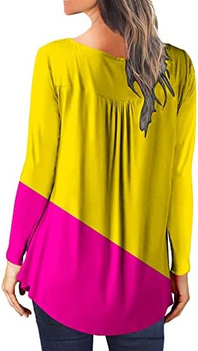 צמרות לבושות לנשים Colorblock קפלים על צווארון V טוניקה עליונה שרוול ארוך כפתור פתוח רופף חולצה חולצה טוניקה מעודנת