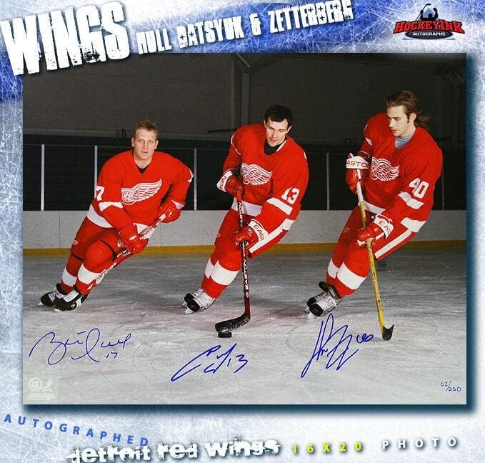 ברט הול, פאבל דאטסיוק, והנריק זטרברג חתמו על דטרויט 16x20 צילום - סקיאט - תמונות NHL עם חתימה