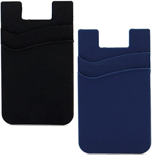2 חבילה טלפון סלולרי כרטיס מחזיק,מקל על אשראי כרטיס ארנק סיליקון כפול כיס עבור חזרה של טלפון סלולרי מקרה-שחור, כחול כהה
