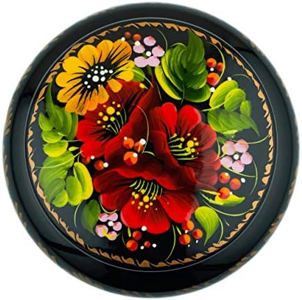 Sapfir קופסת תכשיטים עגולה קטנה לעגילים, שרשרת, טבעות, מארז עץ לכה צבוע ביד עם דפוס פרחוני אתני על שחור לבנות ונשים
