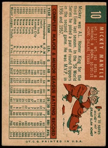 1959 Topps 10 Mickey Mantle New York Yankees VG Yankees