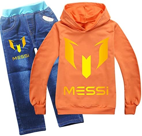 Warooost Boys Messi 2 חלקים תלבושת מזדמנים משוך מעל קפוצ'ון, סוודר עם שרוול ארוך ברדס+חליפת ג'ינס לילדים, בני נוער