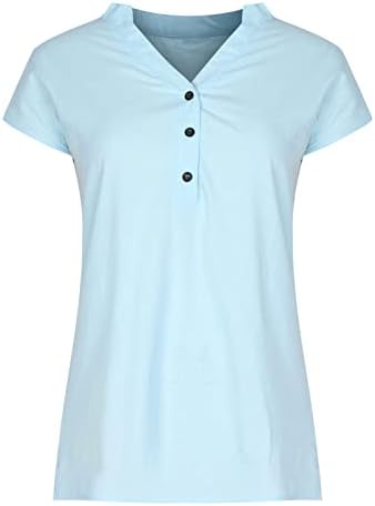 חולצת פשתן אופנה לנשים V צוואר כפתור צוואר שרוול קצר צמרות צבע אחיד חולצות רופפות 2023 חולצות קיץ