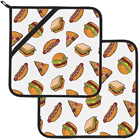 המבורגר קריקטורה עיצוב חמוד כרית חמה כרית חום עמידה בחום מחזיקי סיר תנור 2 מגבות מטבח ומחזיק סיר 8 × 8 אינץ 'לבישול ואפייה