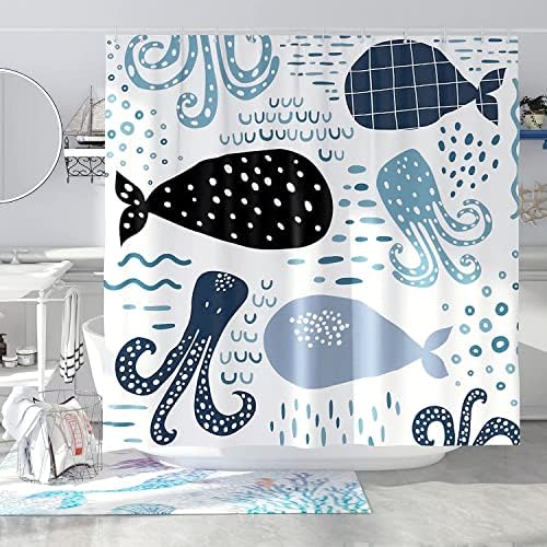 וילון מקלחת לווייתן כחול דסיהום סט מגניב וילונות מקלחת מצוירים באוקיינוס ​​מצחיק לחדר אמבטיה לילדים חמודים דקור אמבטיה בד פוליאסטר בד