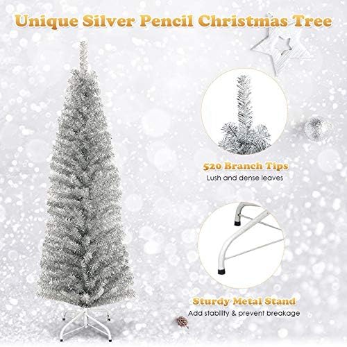 Goplus 6ft Sliver Pencil עץ חג המולד, עץ דק מלאכותי, טכנולוגיה אלקטרופלית, עיצוב חג המולד למקורה ולחוץ בחוץ