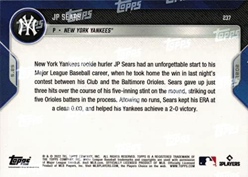 2022 Topps עכשיו בייסבול 237 JP Sears Trookie Card Yankees - רק 851 תוצרת!