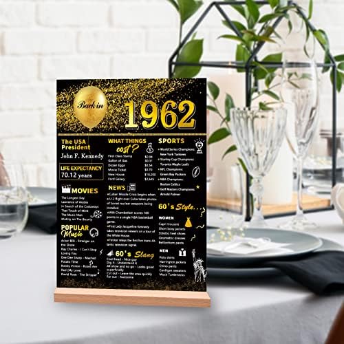 Vlipoeasn 61 קישוט שולחן יום הולדת לגברים, זהב שחור בחזרה בשנת 1962 שלט שולחן אקרילי עם מעמד עץ, ציוד למסיבות יום הולדת בן 61, 61 יצירות