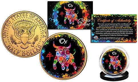 Zodiac Polychrome סיני מקורי JFK חצי דולר 24 קראט מטבע מצופה זהב - שור