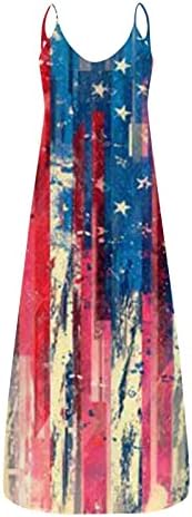 LMDUDAN 4 ביולי שמלת יום העצמאות שמלת דגל אמריקאית מדפיס שמלות אופנה צמודות שמלות ללא שרוולים עם כיסים