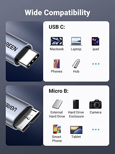 מיקרו Bugreen B ל- USB C כבלי כונן קשיח 10 ג'יגה -ביט לשנייה, 1.5 רגל USB C ל- Micro B, USB C לכבל הכונן הקשיח החיצוני התואם ל- MacBook