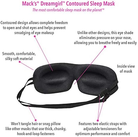 מסכת שינה מתאר של Mack's DreamGirl Contoursed - מסכת עיניים ורודה, נוחה, מתכווננת, 2 רצועות עם אטמי אוזניים קצף רכים של Mack של Mack.