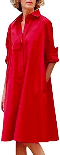 שמלת נדנדה של מיאשוי קיץ נשים אביב קיץ קיץ מזדמן בצבע אחיד כפתור דש כפתור לשמלת חולצה ארוכה שמלת שמלת הצעה