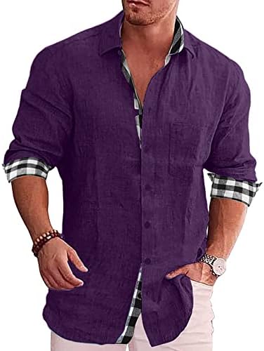 חולצות גברים חולצות אופנה בתוספת טלאים משובצים בגודל פשתן כותנה פשתן כפתור שרוול ארוך