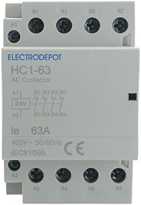 Electrodepot 63 AMP 4 מוט בדרך כלל סגור IEC 400V מגע - סליל 24 וולט, עומס מנוע 40A ועומס תאורה 63A עם בסיס הרכבה למסילת DIN